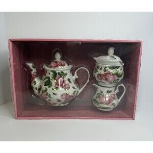 NIB - Kent Pottery Tea Pot  Sugar & Creamer‎ set Pretty Violets Spring flowers